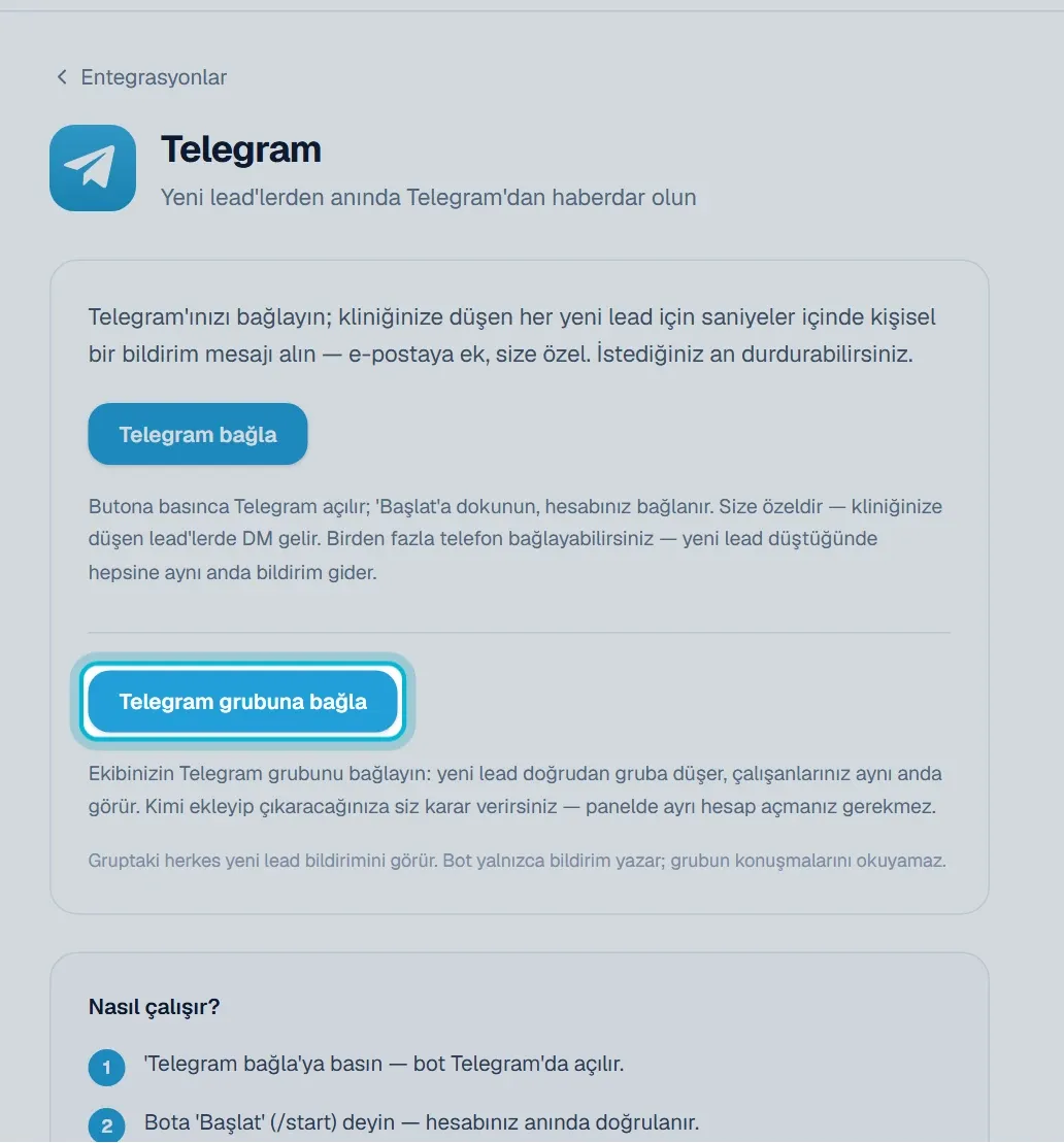Telegram sayfasındaki Telegram grubuna bağla düğmesi ve gizlilik notu