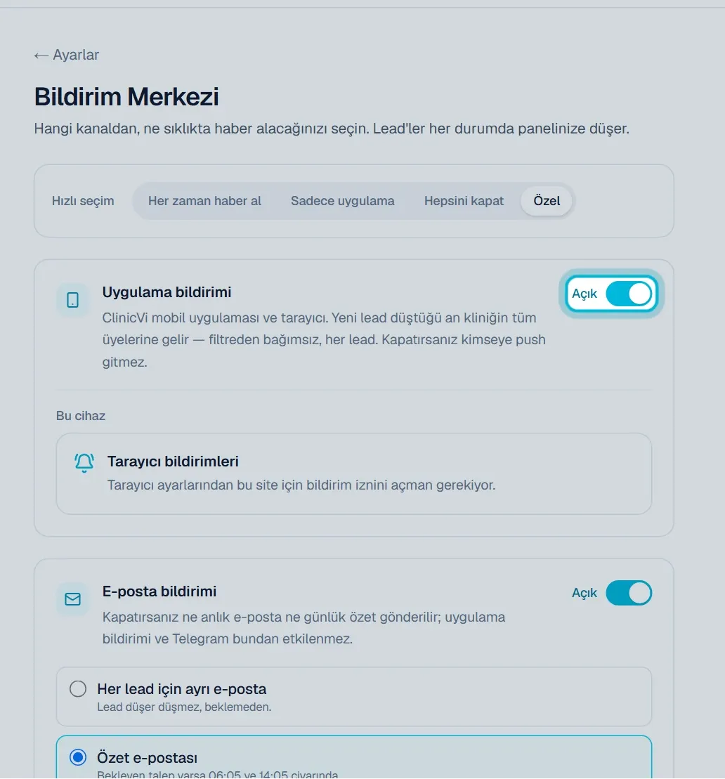 Uygulama bildirimi kartındaki Açık anahtarı