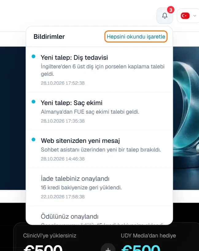 Sağ üstteki zilin açılan bildirim listesi ve Hepsini okundu işaretle bağlantısı