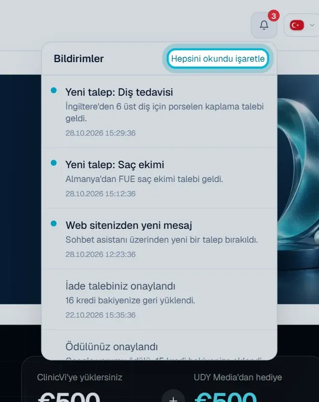 Sağ üstteki zilin açılan bildirim listesi ve Hepsini okundu işaretle bağlantısı