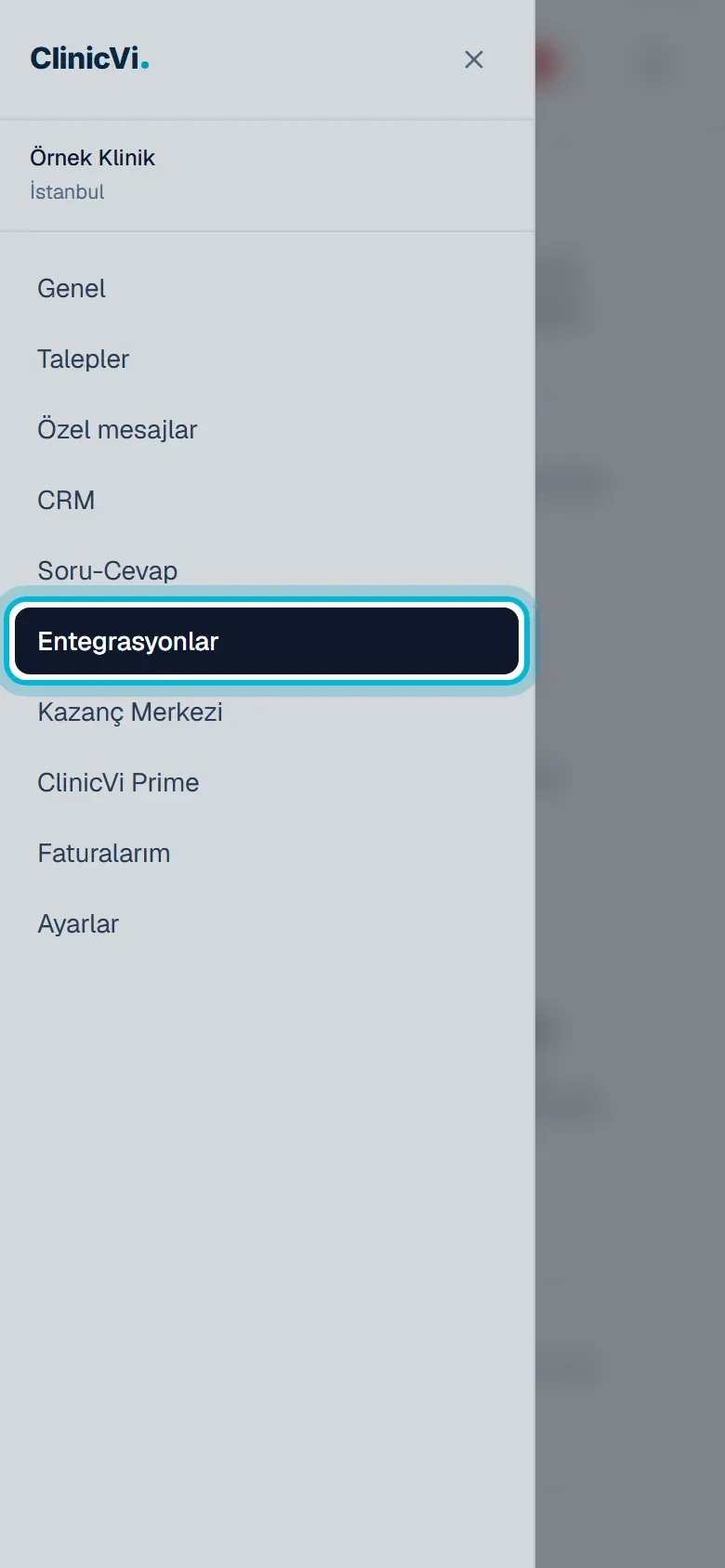 Telefonda açılan menüde Entegrasyonlar bağlantısı