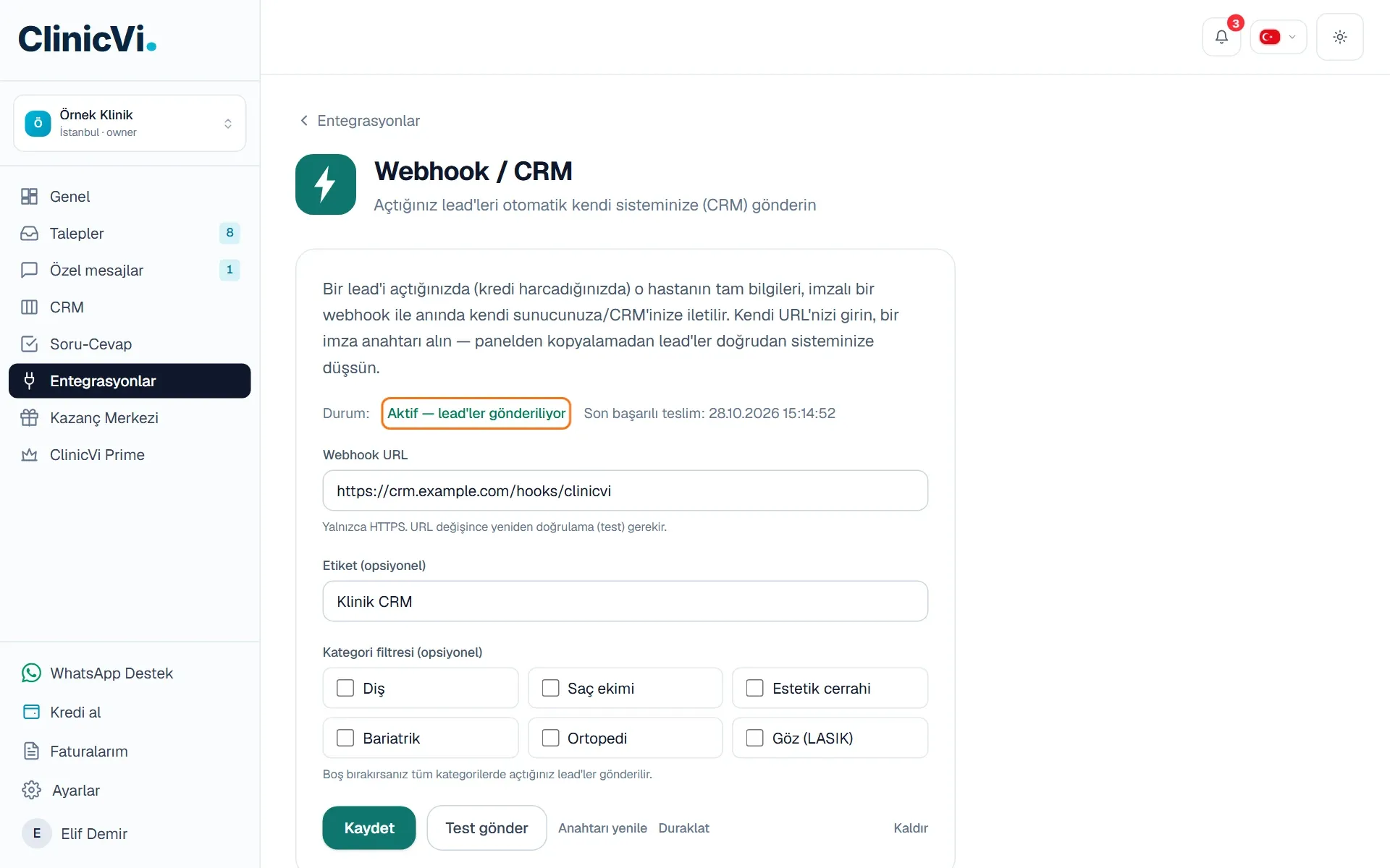 Aktif webhook ve durum satırı