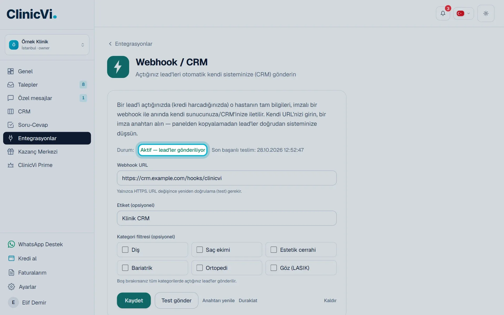 Aktif webhook ve durum satırı