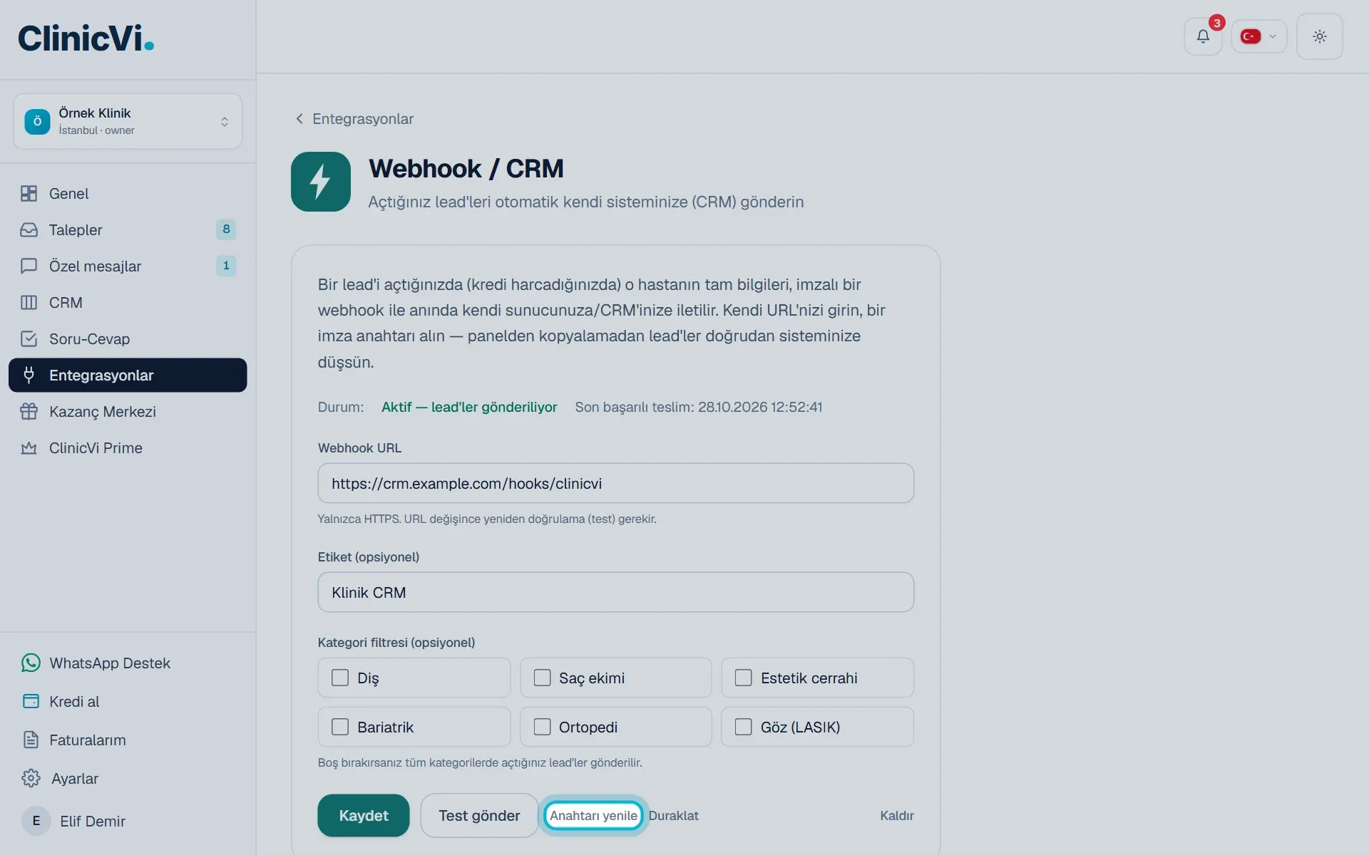 Webhook / CRM sayfasında Anahtarı yenile düğmesi