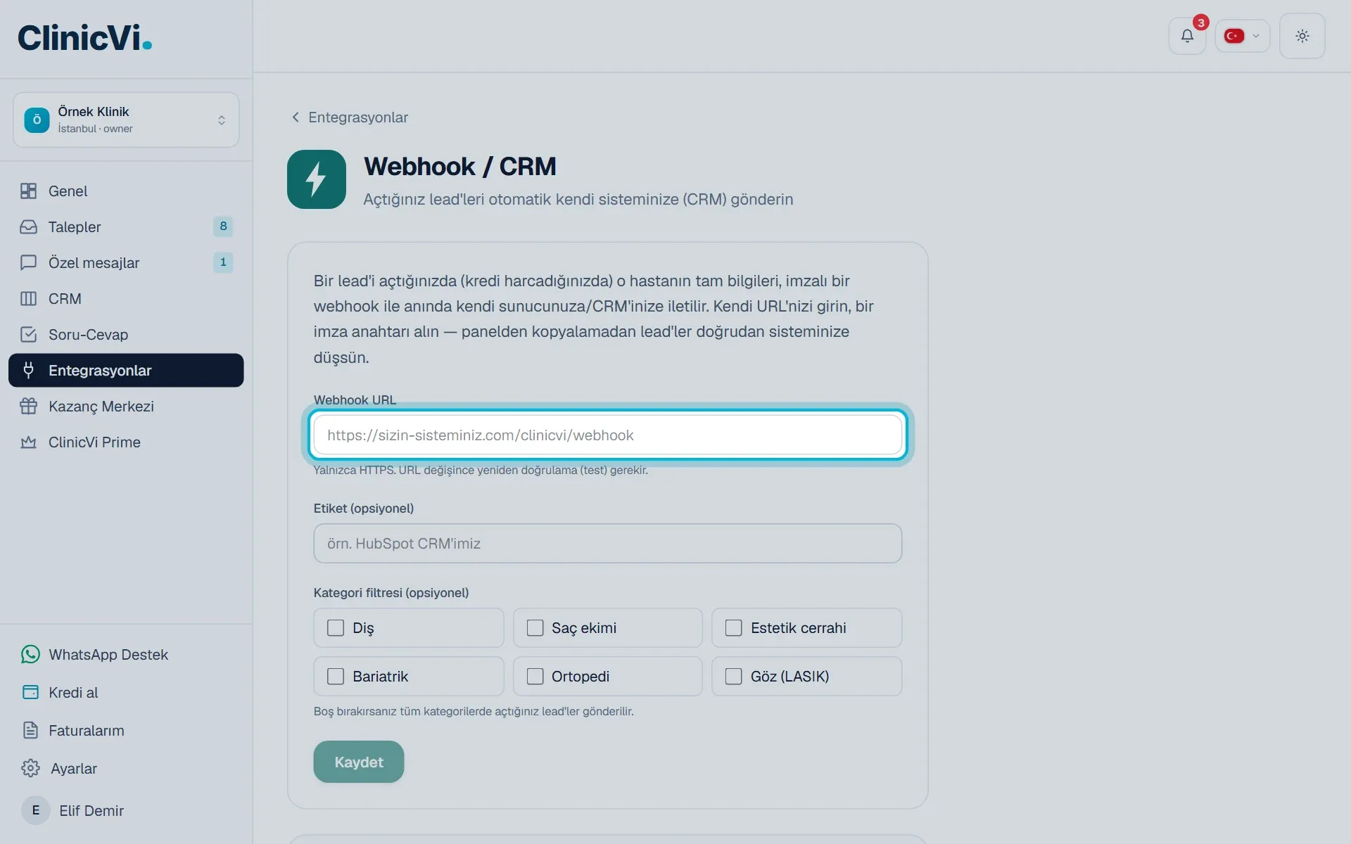 Webhook / CRM sayfası, Webhook URL alanı ve Nasıl çalışır bölümü