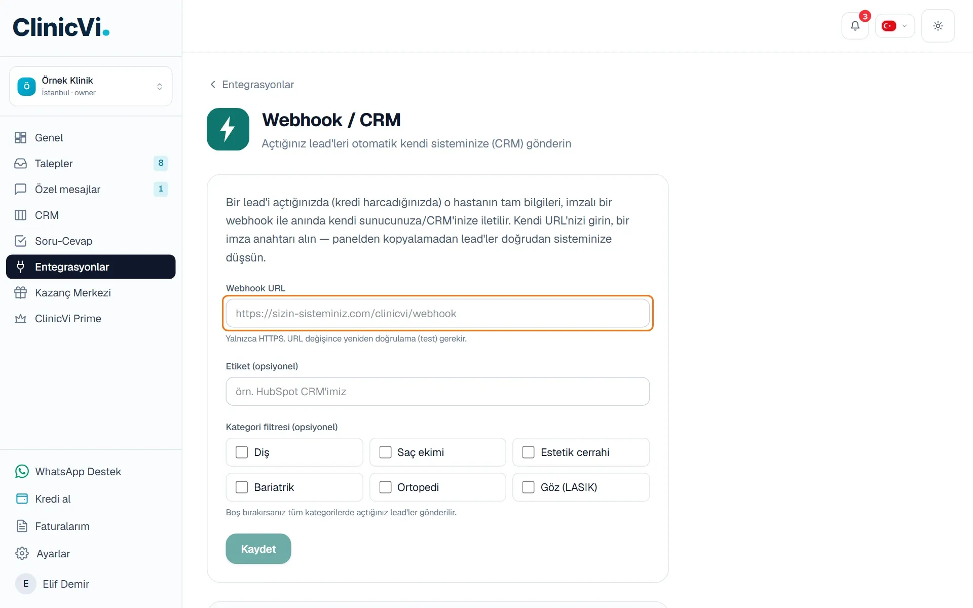Webhook / CRM sayfasında boş Webhook URL alanı