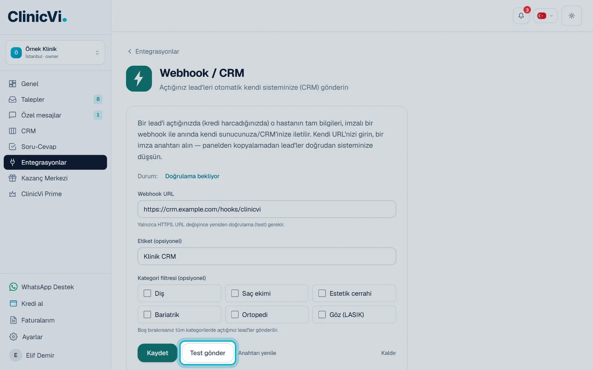 Webhook / CRM sayfasında Test gönder düğmesi
