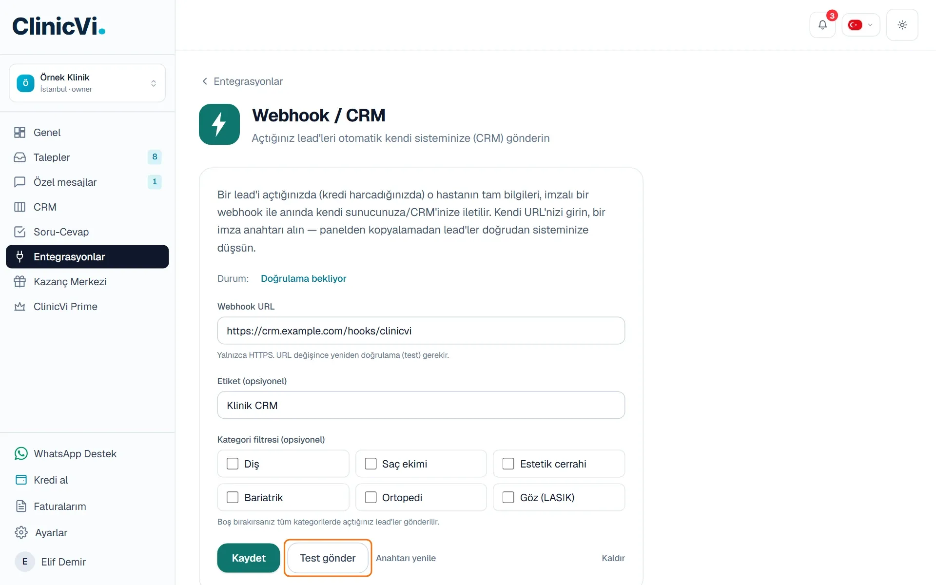 Doğrulama bekleyen webhook ve Test gönder düğmesi