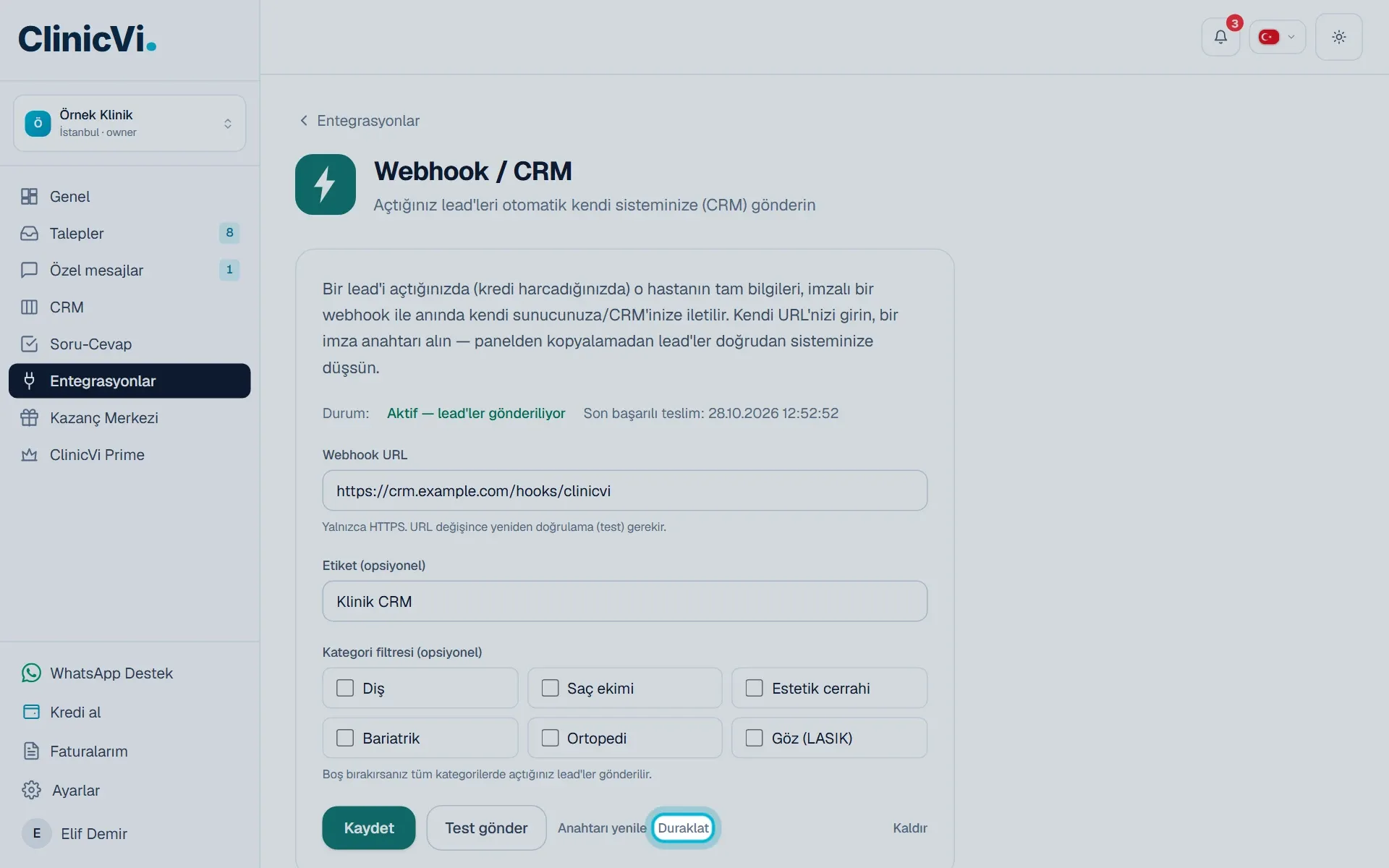 Aktif webhook ve Duraklat düğmesi