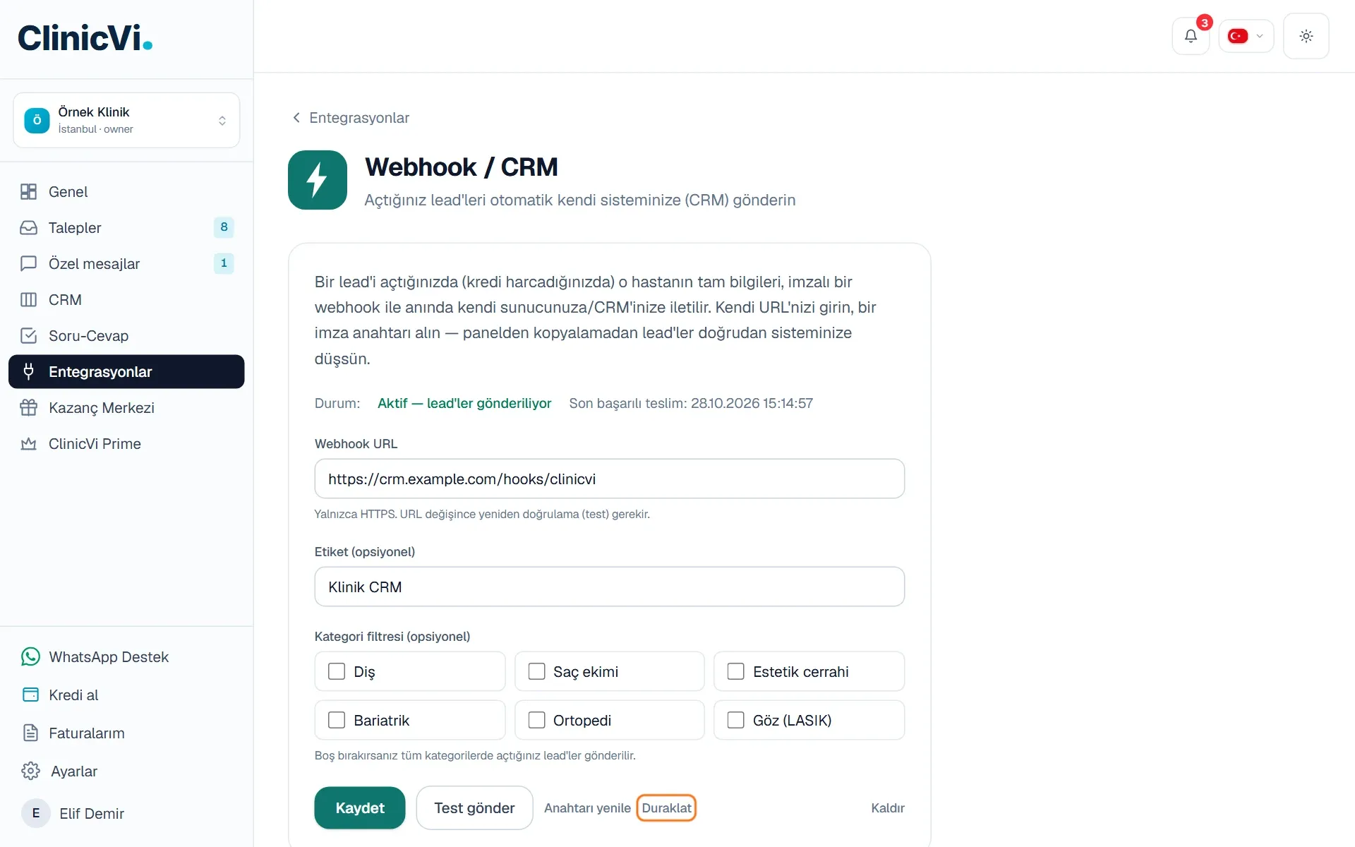 Aktif webhook ve Duraklat düğmesi