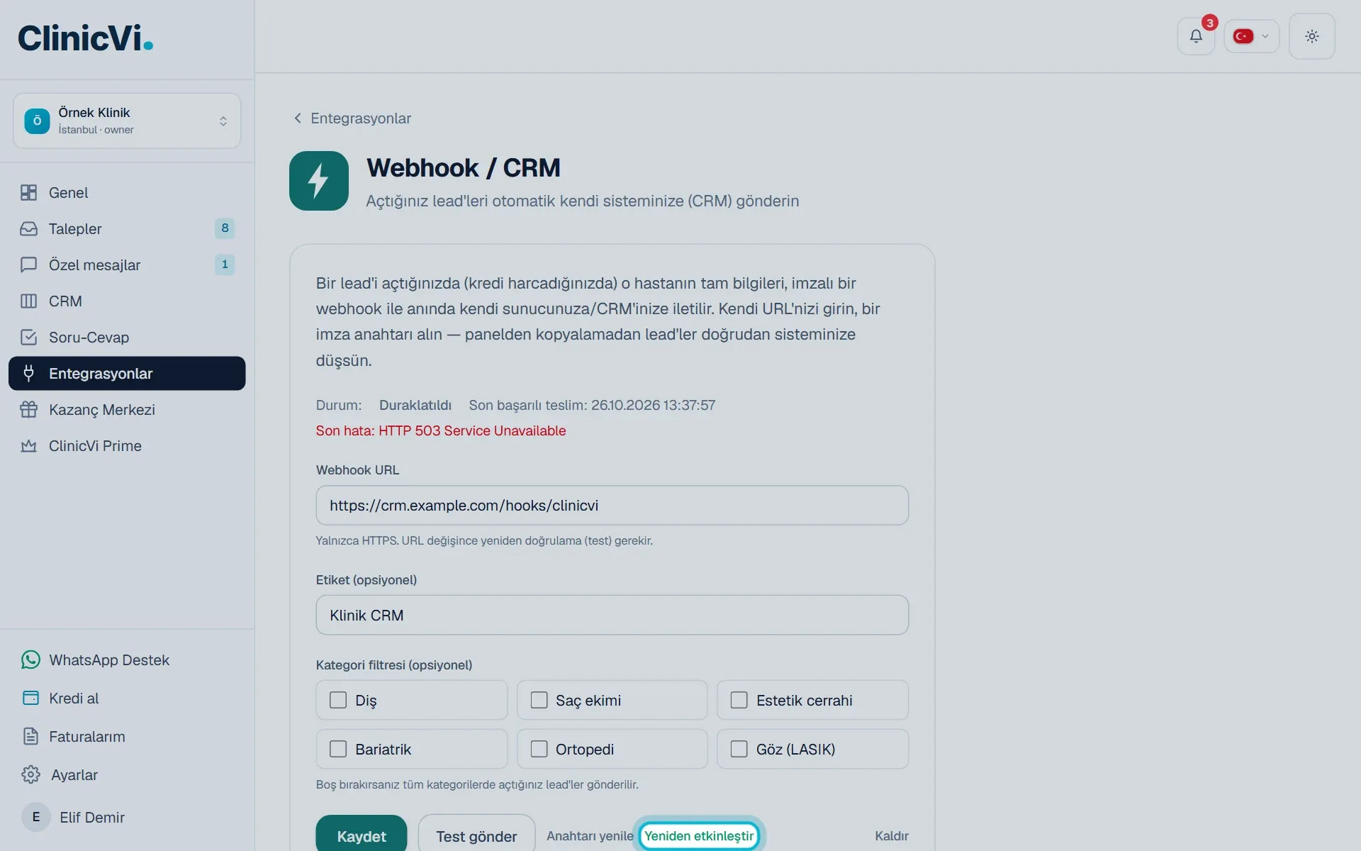 Duraklatılmış webhook, Son hata bilgisi ve Yeniden etkinleştir düğmesi