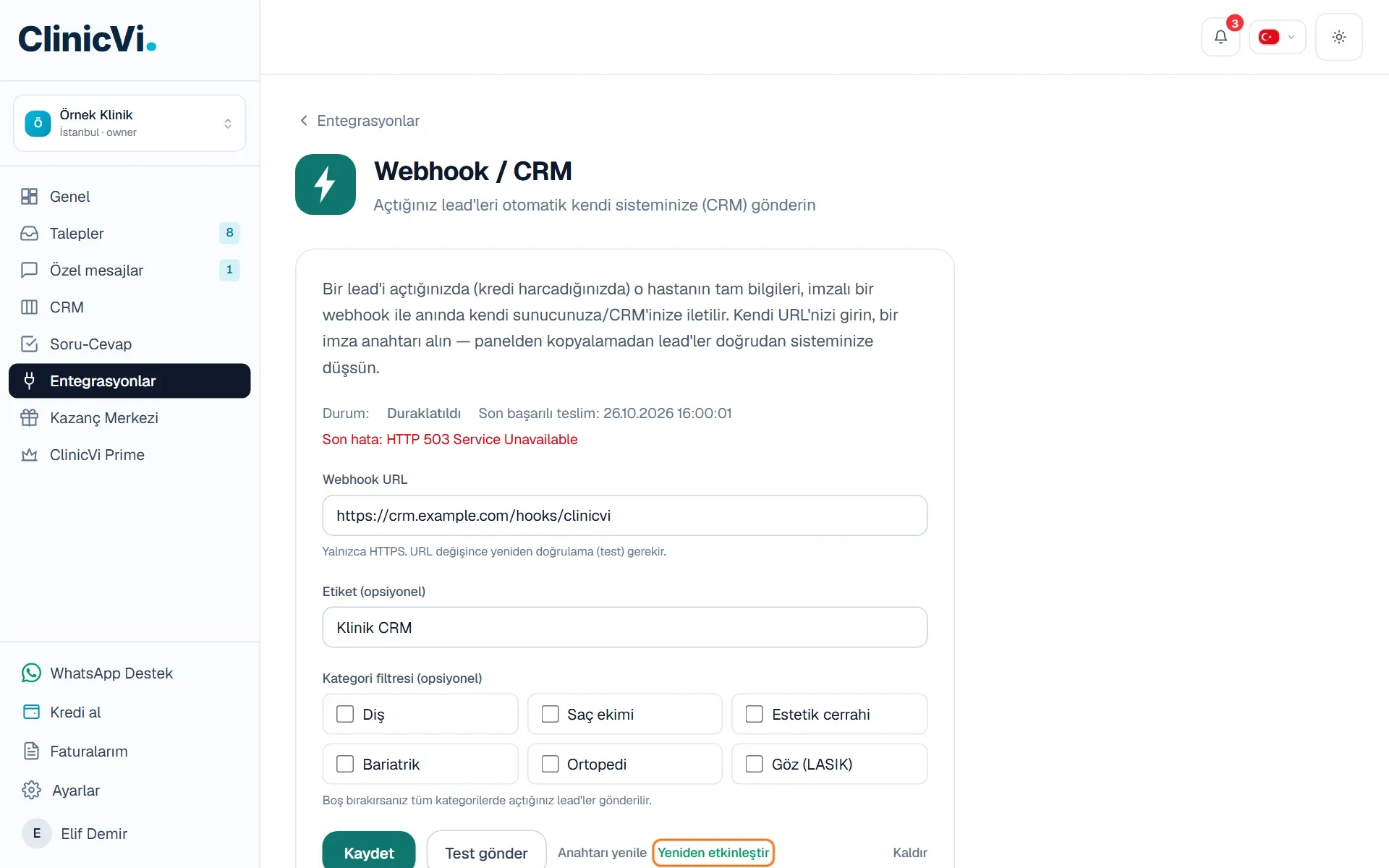 Duraklatılmış webhook ve Yeniden etkinleştir düğmesi