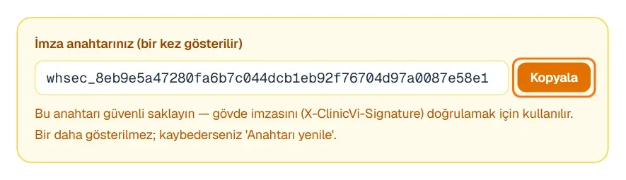İmza anahtarı kutusu ve Kopyala düğmesi