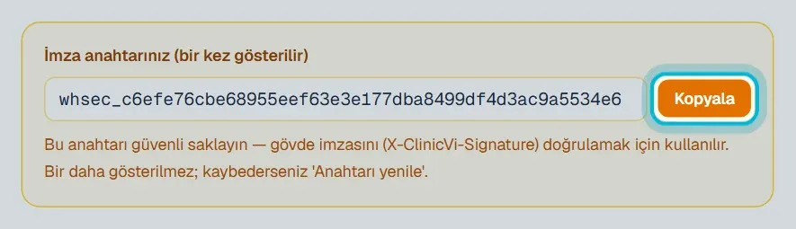 Yeni imza anahtarı kutusu ve Kopyala düğmesi
