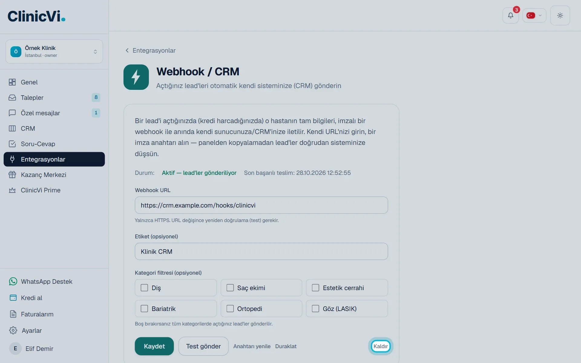 Webhook / CRM sayfasında Kaldır düğmesi
