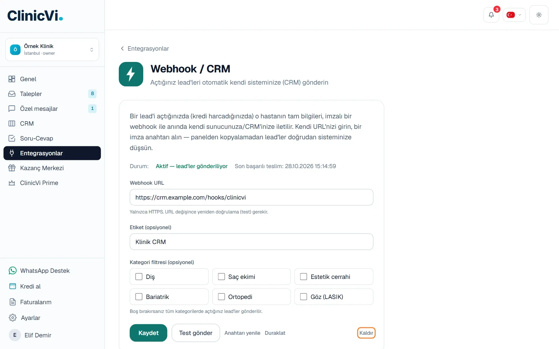 Webhook / CRM sayfasında Kaldır düğmesi
