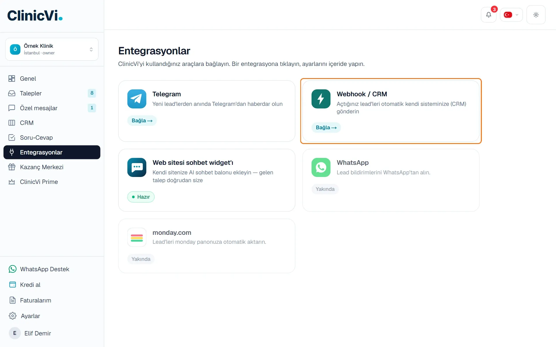 Entegrasyonlar sayfasında Webhook / CRM kartı