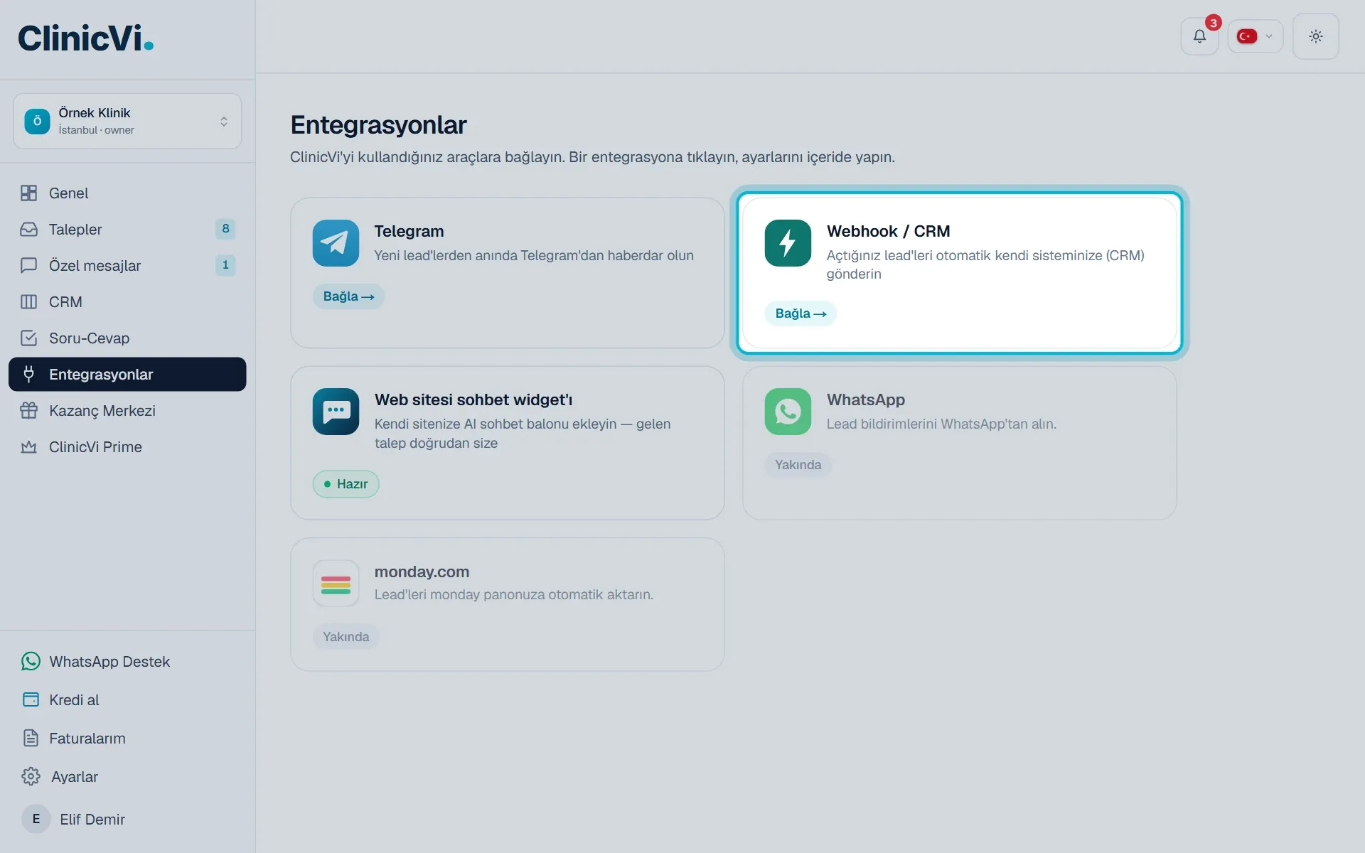Entegrasyonlar sayfasında Webhook / CRM kartı