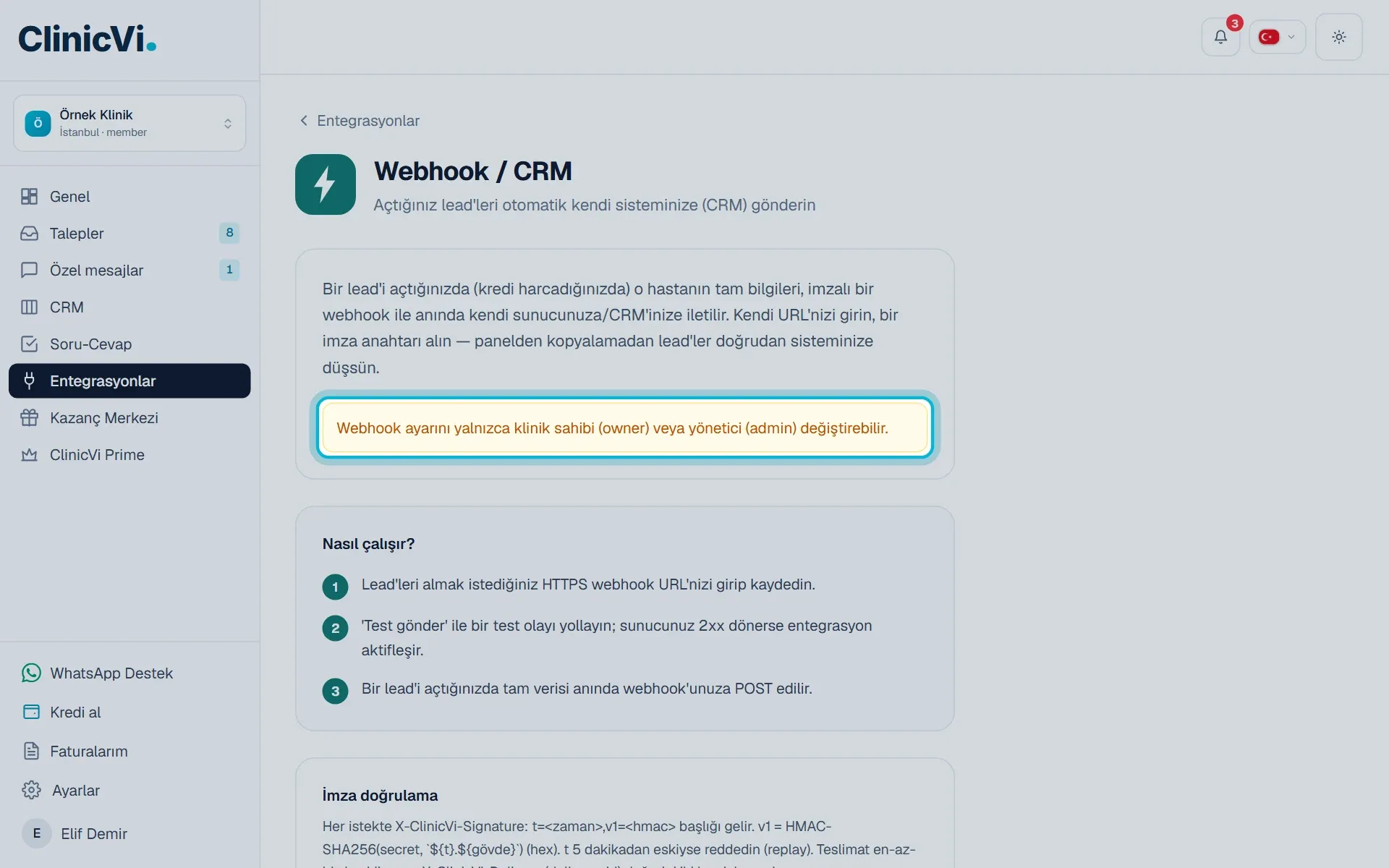 Webhook / CRM sayfasında ekip üyelerine gösterilen uyarı