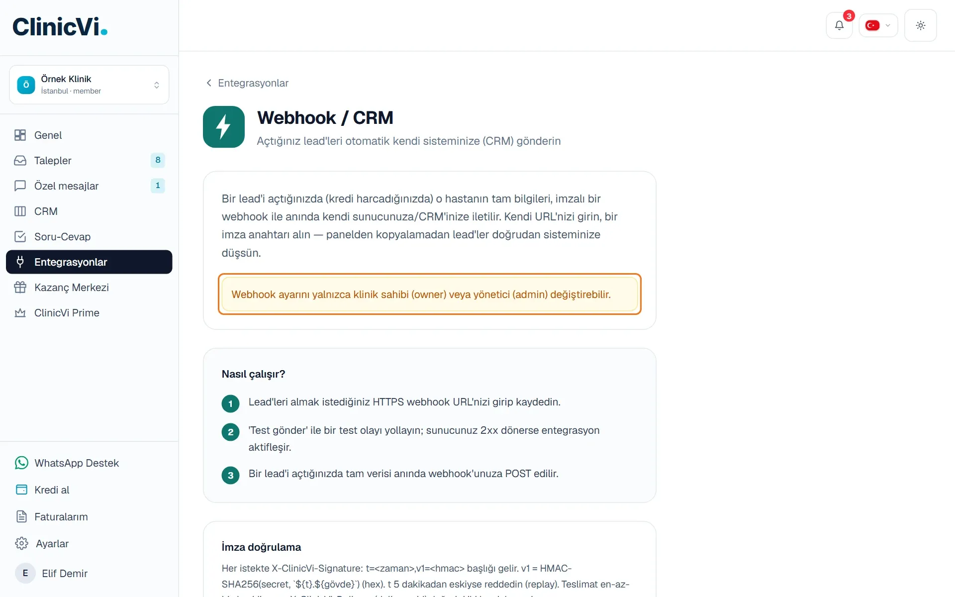 Webhook / CRM sayfasında ekip üyelerine gösterilen uyarı