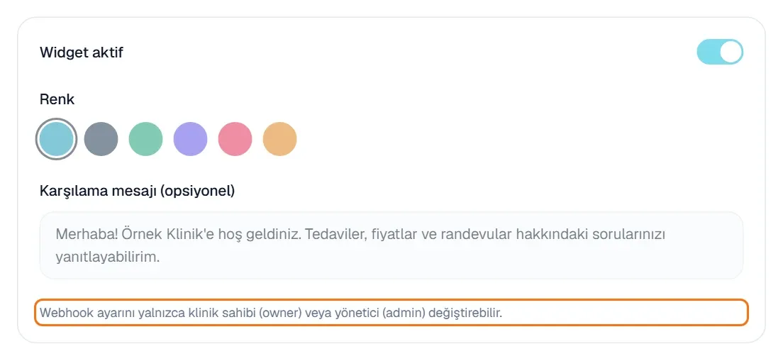 Sohbet asistanı ayarlarında ekip üyelerine gösterilen uyarı