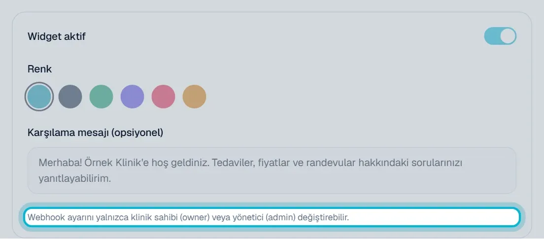 Sohbet asistanı ayarlarında ekip üyelerine gösterilen uyarı