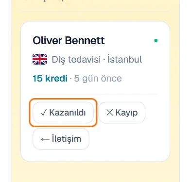 Görüşme kartında işaretli Kazanıldı düğmesi