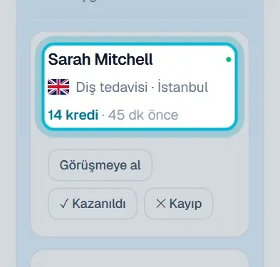 CRM kartında hasta adı, tedavi, şehir ve kredi bilgisi