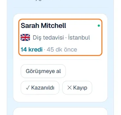CRM kartında hasta adı, tedavi, şehir ve kredi bilgisi