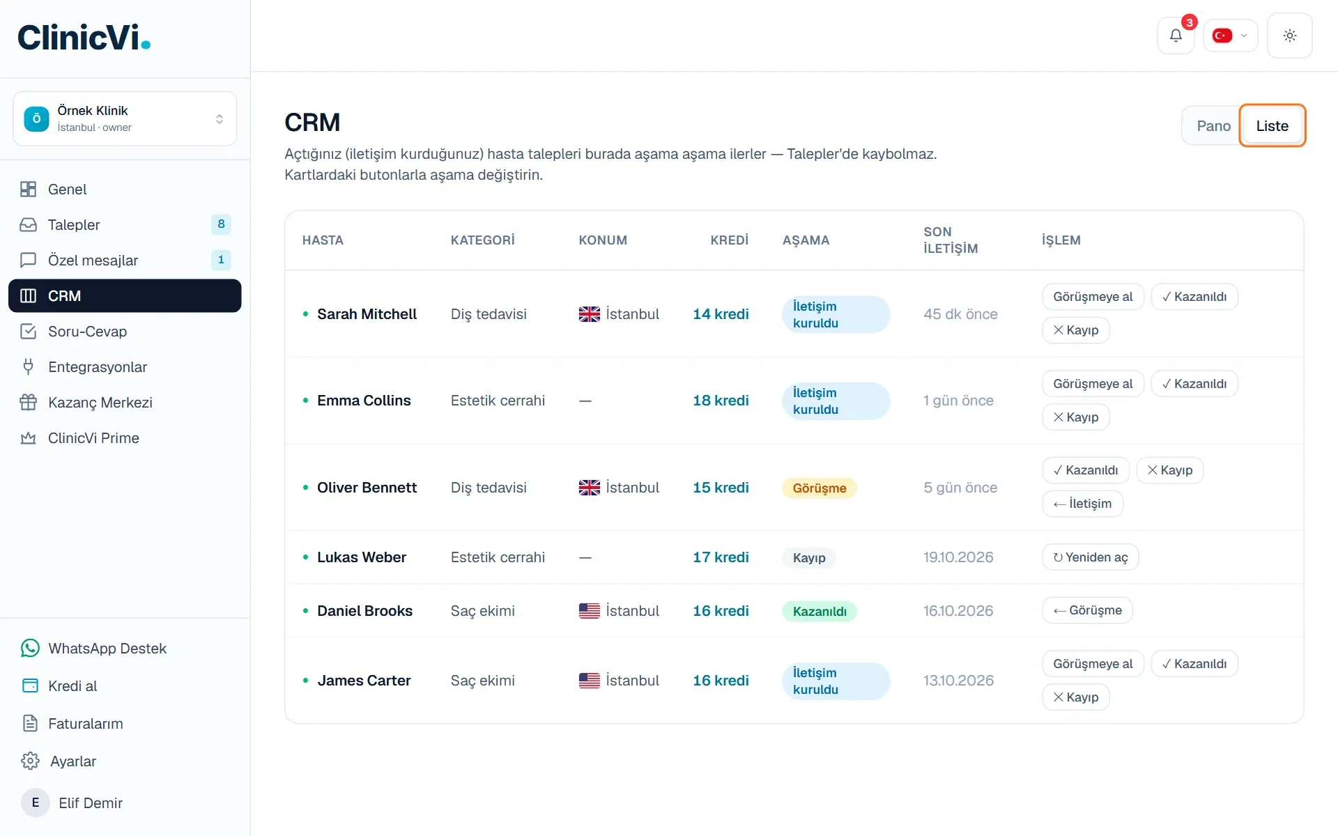 CRM Liste görünümü ve işaretli Liste düğmesi