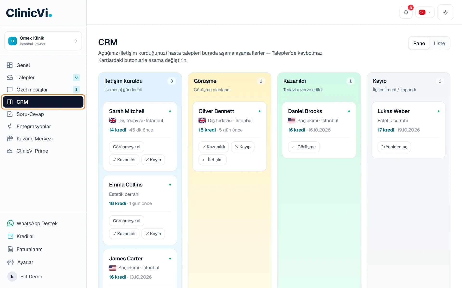 CRM sayfası ve sol menüde işaretli CRM bağlantısı