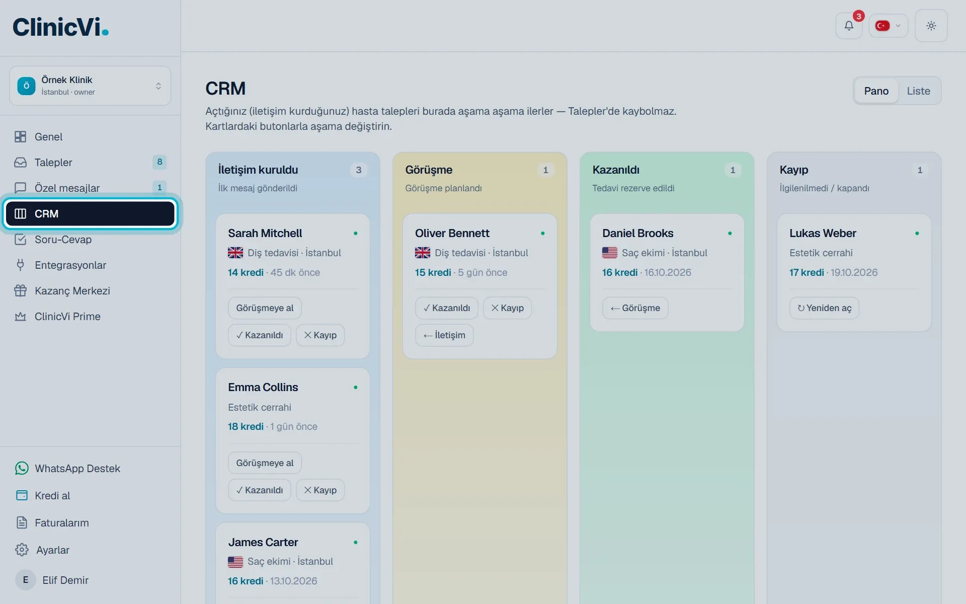 CRM sayfası ve sol menüde işaretli CRM bağlantısı