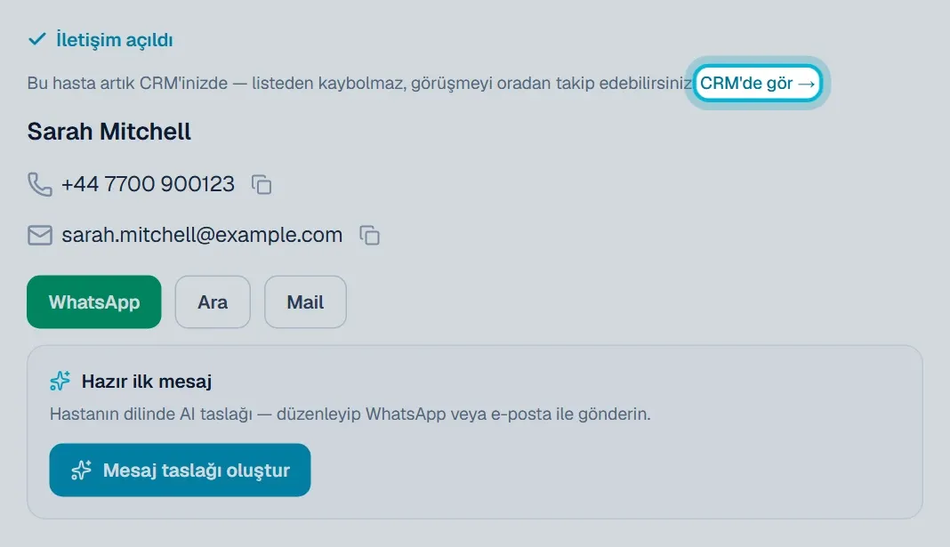 İletişim bölümündeki CRM’de gör bağlantısı