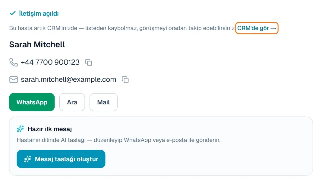 İletişim bölümündeki CRM’de gör bağlantısı