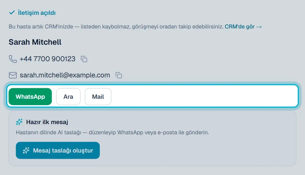 WhatsApp, Ara ve Mail düğmeleri işaretli