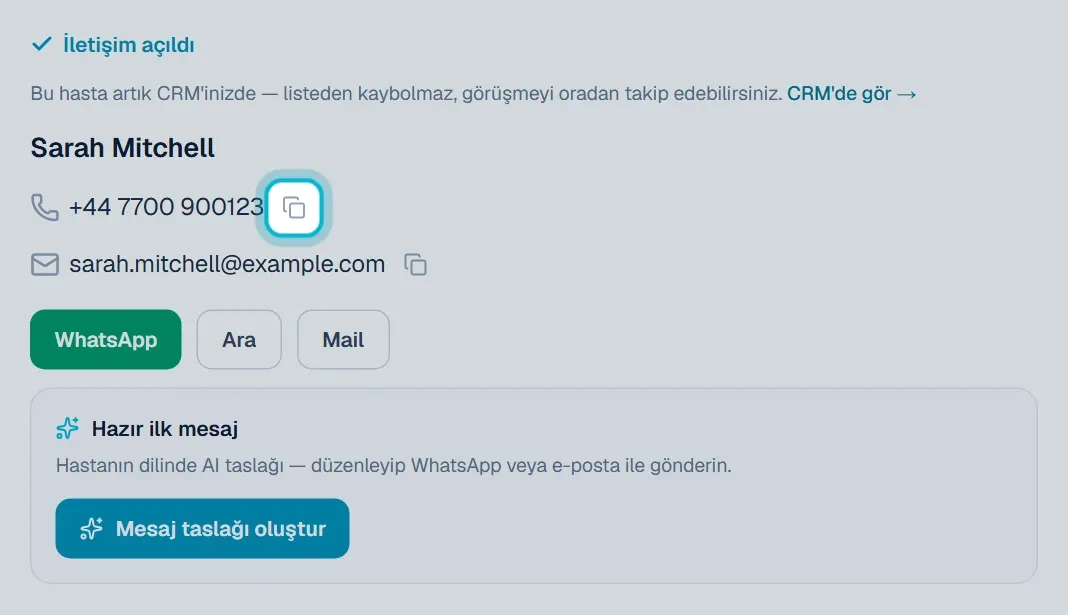 Telefon numarasının yanındaki kopyalama simgesi işaretli