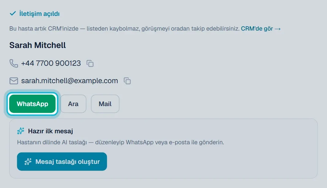 Talep detayında İletişim açıldı bölümü ve işaretli WhatsApp düğmesi