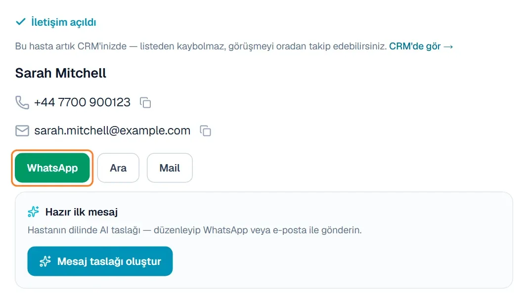 Talep detayında işaretli WhatsApp düğmesi