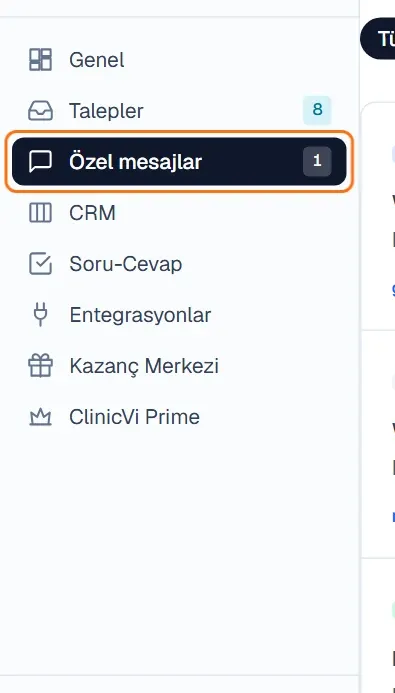 Sol menüde işaretli Özel mesajlar bağlantısı