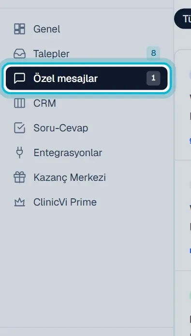 Sol menüde işaretli Özel mesajlar bağlantısı