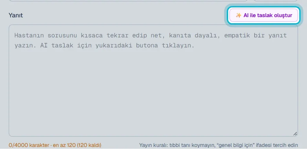 Yanıt kutusunun üstündeki AI ile taslak oluştur düğmesi