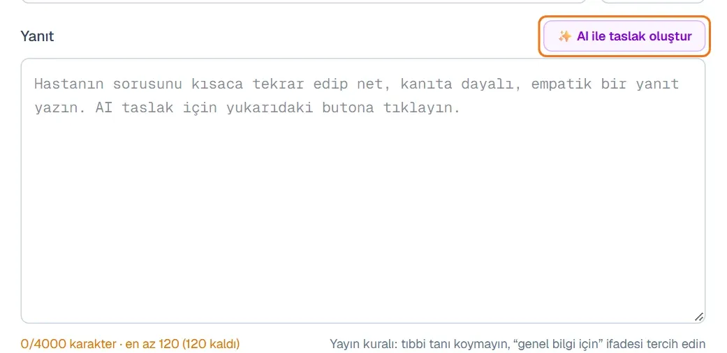 Yanıt kutusunun üstündeki AI ile taslak oluştur düğmesi