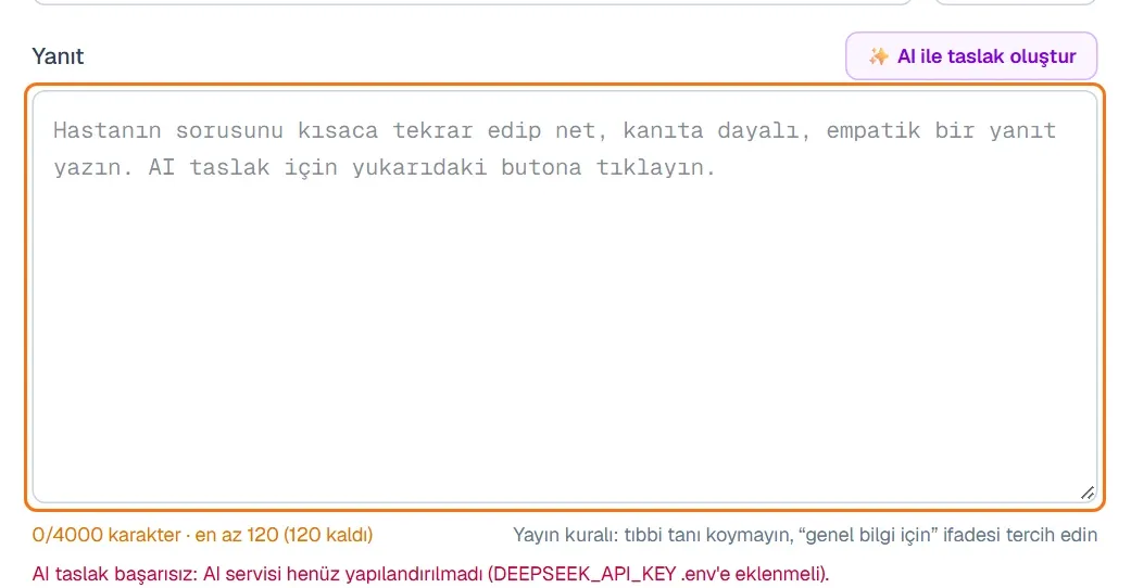 Yapay zekânın yazdığı taslak Yanıt kutusunda