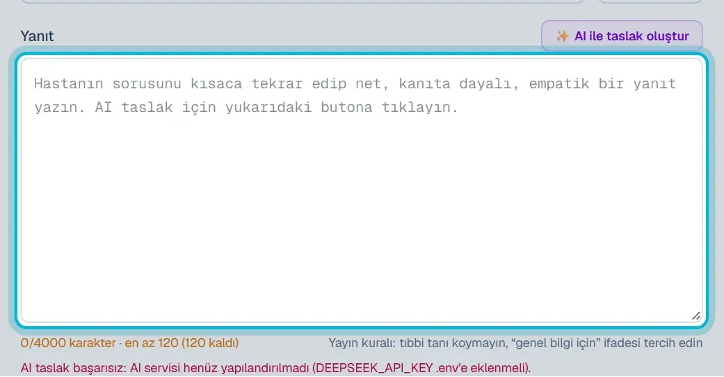 Yapay zekânın yazdığı taslak Yanıt kutusunda