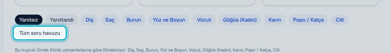 Filtre notu ve işaretli Tüm soru havuzu düğmesi