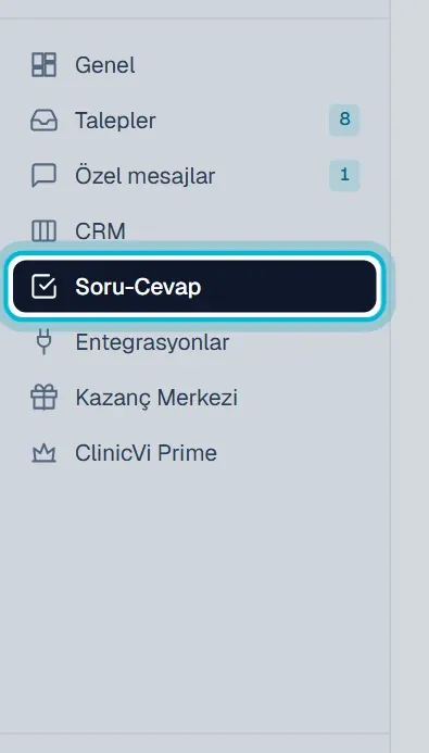 Sol menüde işaretli Soru-Cevap bağlantısı