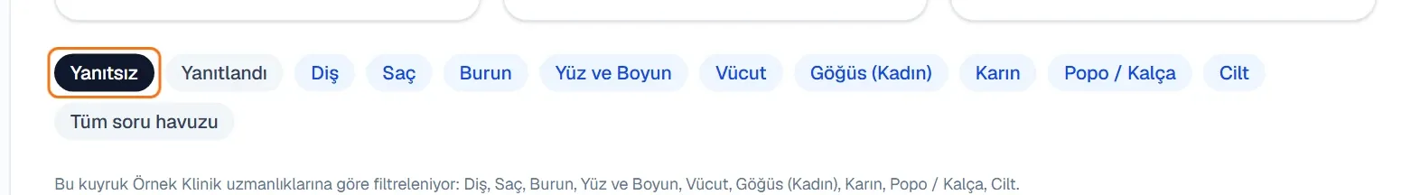 Soru-Cevap sekmeleri, kategori düğmeleri ve filtre notu