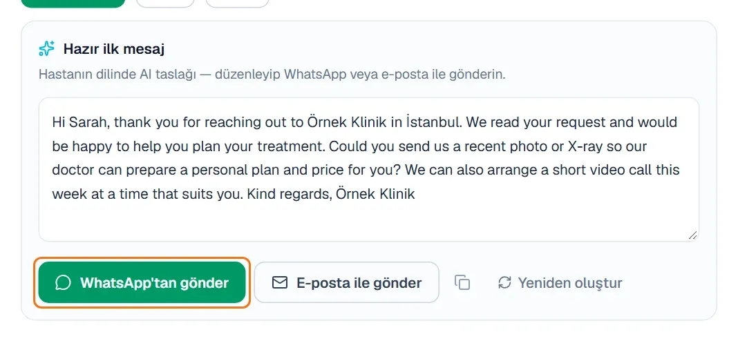 Hazırlanan taslak ve işaretli WhatsApp’tan gönder düğmesi