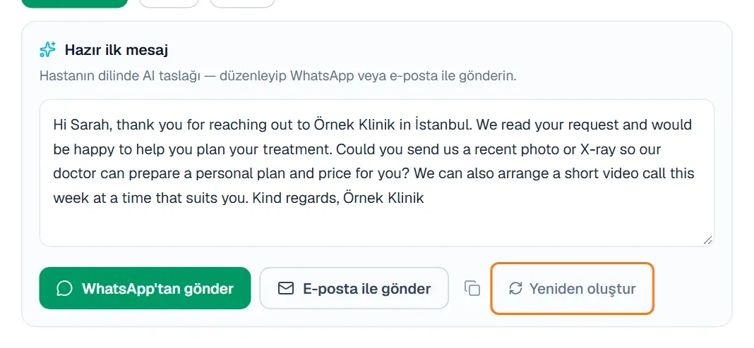 Taslak kutusunda işaretli Yeniden oluştur düğmesi