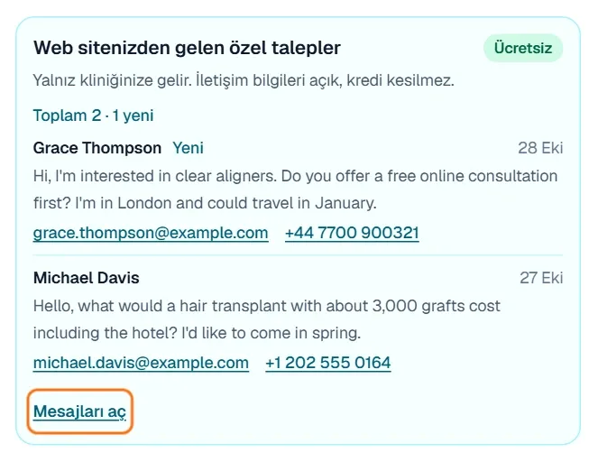 Talepler sayfasındaki Web sitenizden gelen özel talepler kutusu